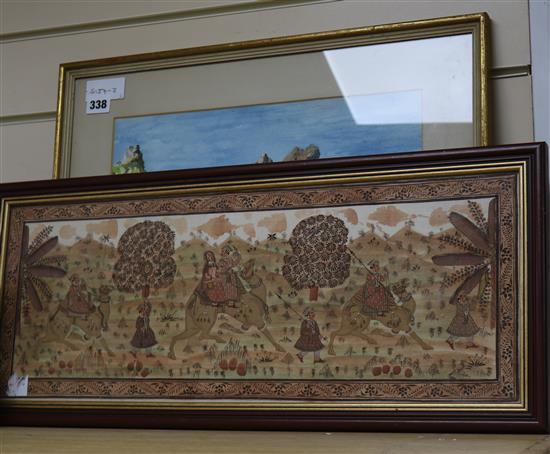 An Indian gouache on silk panel of a procession of camel riders,